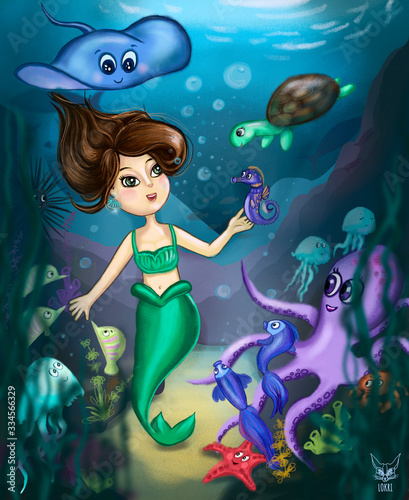 Little cute mermaid on the sea bottom with marine animals. Hand drawn cartoon illustration for kids. Sea life concept. Design for children banners, posters, wallpapers. Fairy tale. 