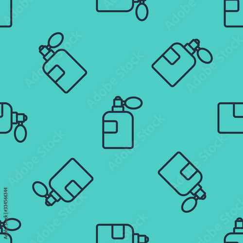 Black line Perfume icon isolated seamless pattern on green background. Vector Illustration