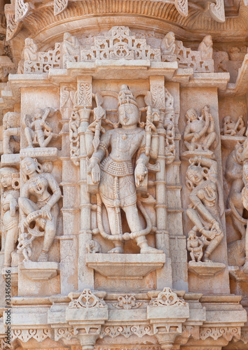 Bas-relief of famous Neminath Jain temple in Ranakpur, Rajasthan state of India