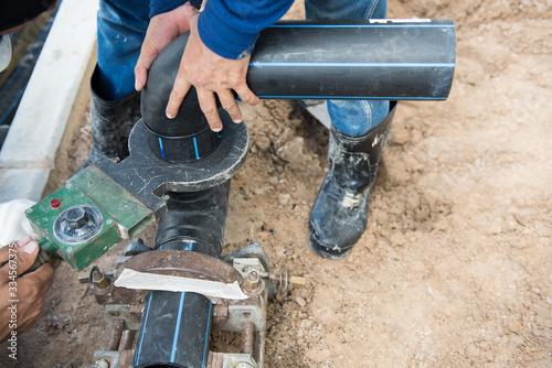 HDPE pipe welding for connection water supply at construction site