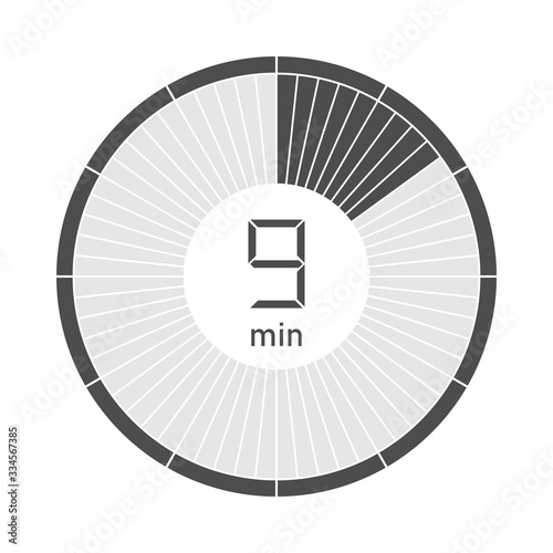 The 9 minutes stopwatch icon, digital timer. Vector illustration.