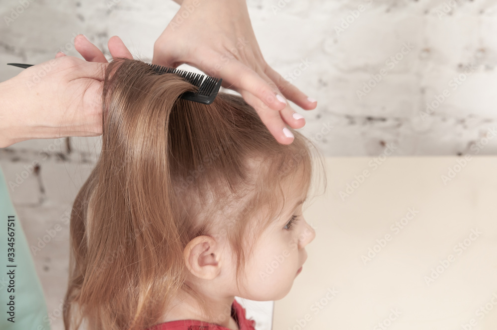 Naklejka premium hands of mother combing a little smiling girl