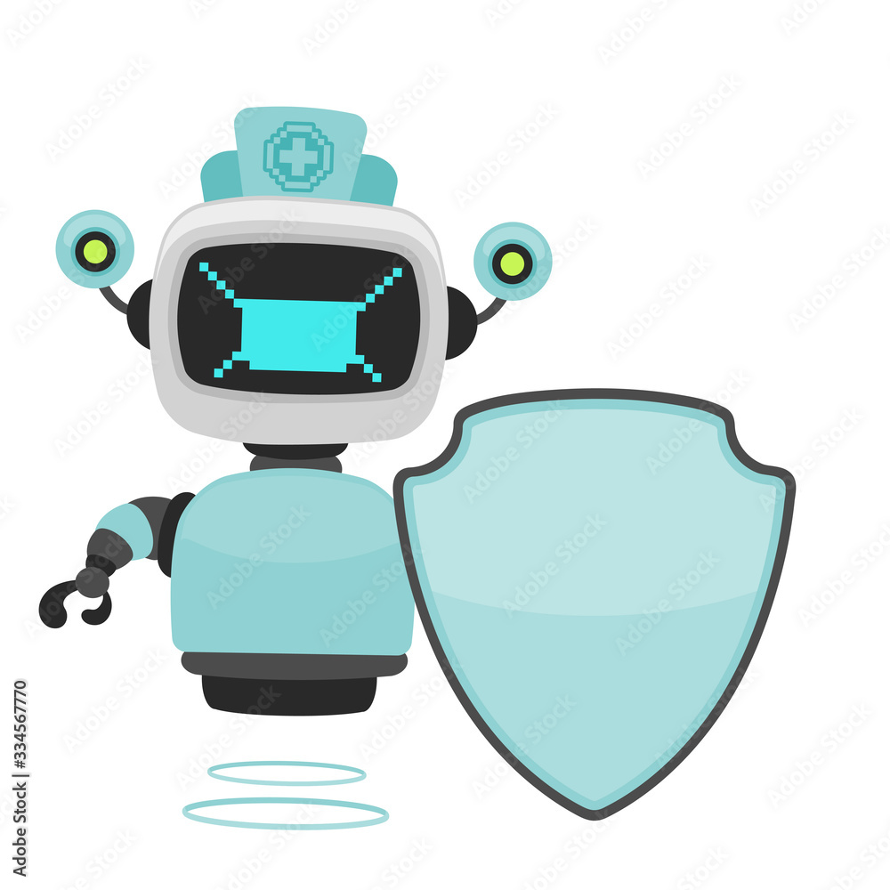Naklejka premium Vector cute doctor robot with shield