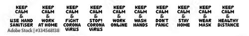 Quotes set about coronavirus. Wash hands, healthy distance, stay home, work from home, wear mask. Cute hand drawn bauble lettering. Isolated on white background. Vector stock illustration.