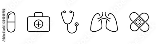 Medicine line vector icon isolated. Pill case with crose sungs and plaster. Vector flat clinic icon. Laboratory icon. Health cure collection. Vector medical care. Pharmacy icon set.
