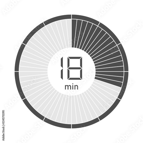 The 18 minutes stopwatch icon, digital timer. Vector illustration.
