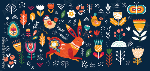 Big collection of flowers, leaves, birds, bunny and spring symbols	