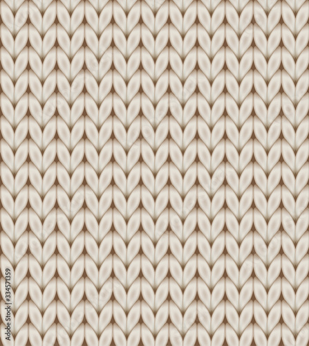 Knitted realistic seamless background of beige light color. Knitting vector pattern. Vector knit texture for background.