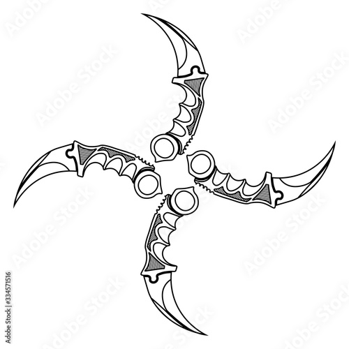 Contour sketch of four pocket knives karambits