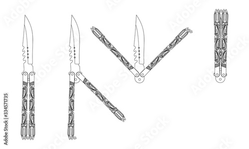 Contour sketch of beautiful balisong in four different positions