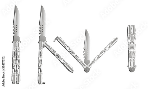 Realistic silver balisong or butterfly knife in four different positions