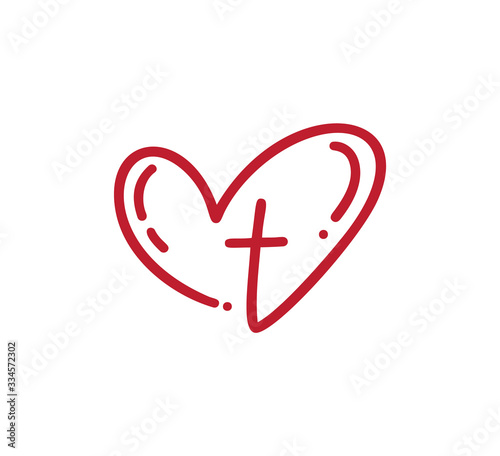 Hand drawn red calligraphy logo of Christian cross and heart love drawn by monoline brush. Isolated sign or symbol on a white background