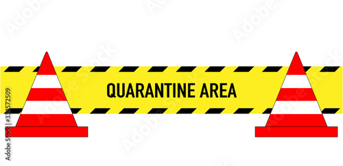 Baustellen Absperrband  „Quarantine Area“ Banner in gelb-schwarz mit Pylonen, Vektor Illustration isoliert auf weißem Hintergrund