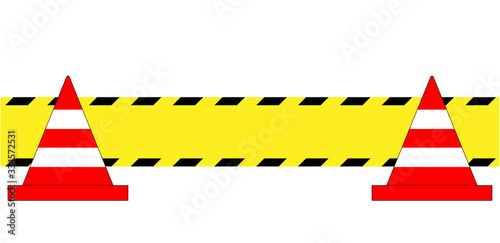 Baustellen Absperrband  blanko Banner in gelb-schwarz mit Pylonen, Vektor Illustration isoliert auf weißem Hintergrund