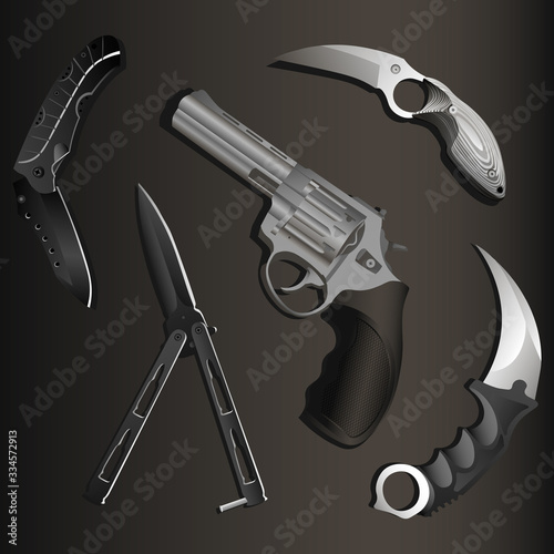 Set of realistic revolver, folding pocket knife, balisong and two karambits