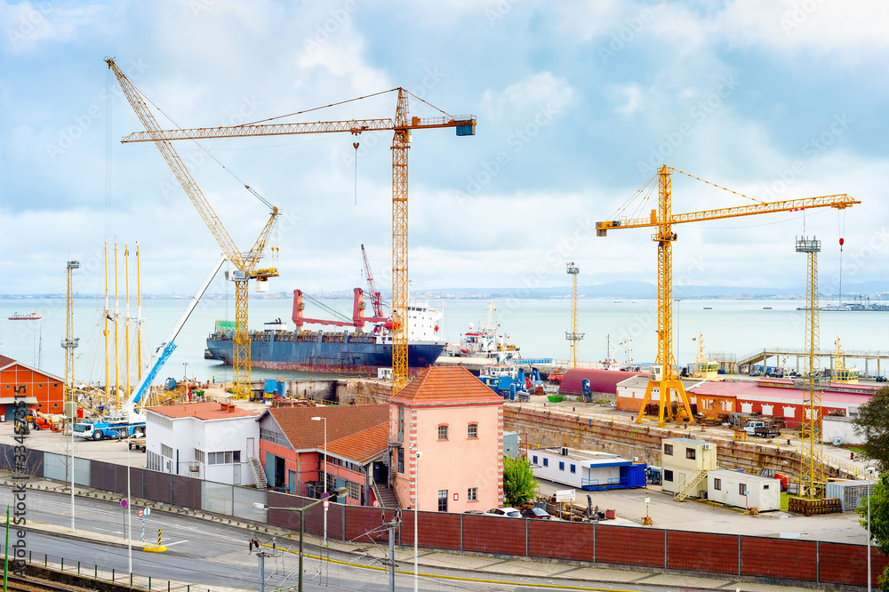 Freight cranes, ship, Lisbon port