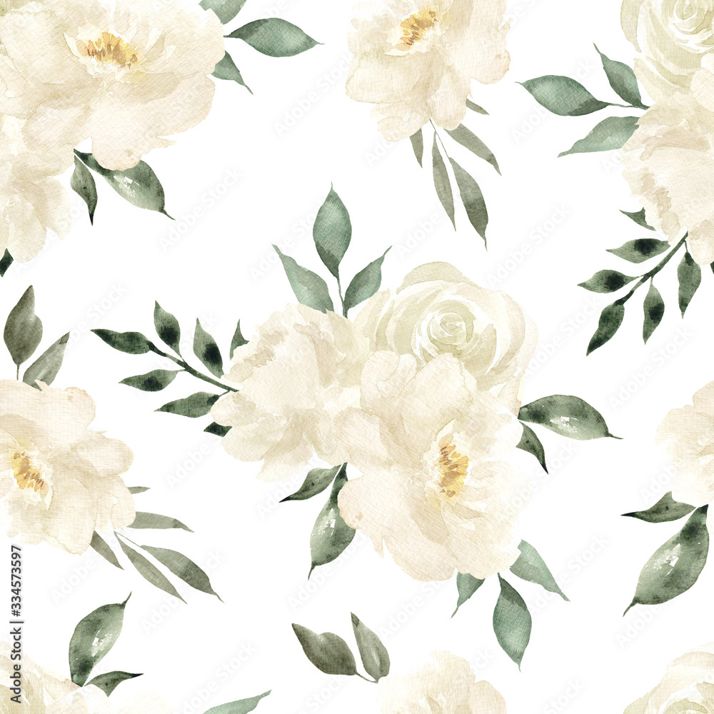 Seamless pattern with white and peach color flowers, isolated on white background