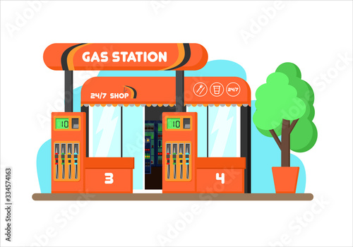 Fototapeta Naklejka Na Ścianę i Meble -  Detailed gas and petrol  station in pretty style of vector illustration