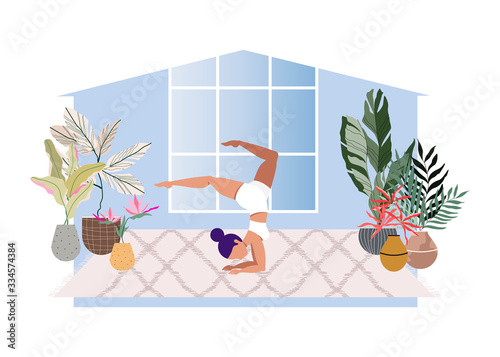 Girl doing yoga. Modern illustration of a woman doing yoga in the living room. House silhouette. Beautiful contemporary interior design. Cozy living and self isolation concept. Quarantine.