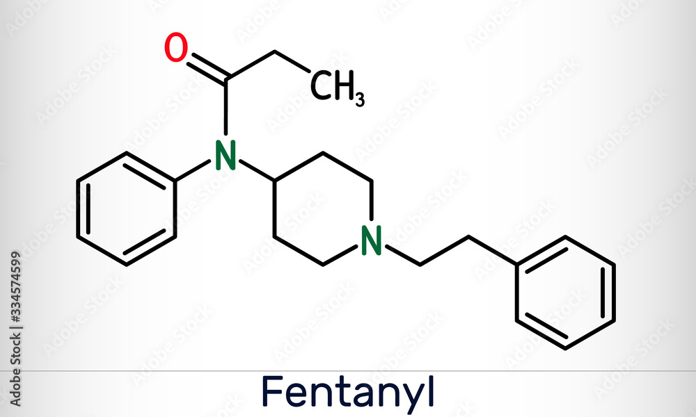 Fentanyl, fentanil, C22H28N2O molecule. It is opioid analgesic. Structural chemical formula Fentanyl, fentanil, C22H28N2O molecule. It is opioid analgesic. Structural chemical formula