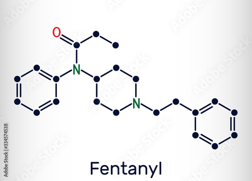 Fentanyl, fentanil,  C22H28N2O molecule. It is opioid analgesic. Structural chemical formula photo
