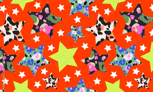 Leopard star pattern. Vibrant orange seamless vector star pattern. Old school trendy rock texture design for cards, banners and posters. Bright leopard skin stars on orange.