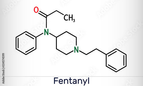 Fentanyl, fentanil,  C22H28N2O molecule. It is opioid analgesic. Structural chemical formula
