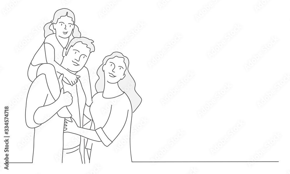 Happy family, mother. Daughter sits on father's shoulders. Line drawing vector illustration. Happy family, mother. Daughter sits on father's shoulders. Line drawing vector illustration.