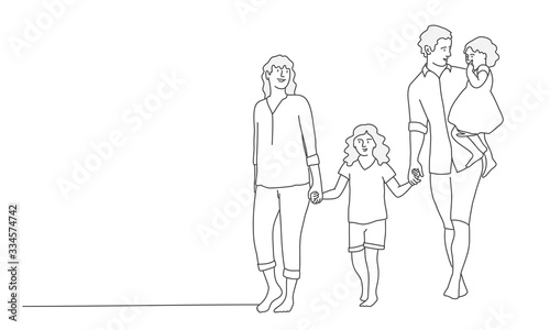 Happy family father, mother and two daughters. Line drawing vector illustration.