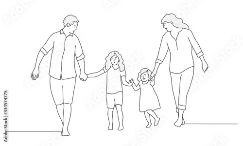 Happy family father, mother and two daughters go holding hands. Line drawing vector illustration.