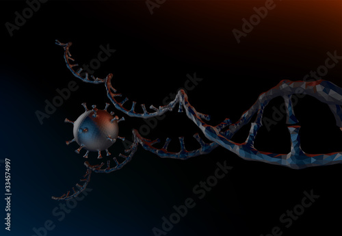 Coronavirus, 2019-ncov and cell DNA, low poly, vector image.