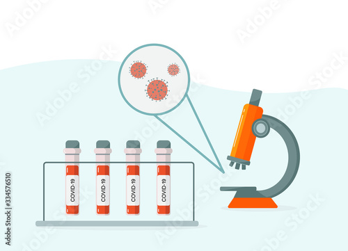 Coronavirus COVID-19. Laboratory test tubes with sample, microscope and virus for experiment in science research lab.  Creation of vaccine. Copy space