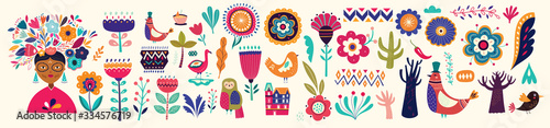 Beautiful colorful cartoon floral collection with leaves, flowers, tree and birds. Mexican ethnic pattern