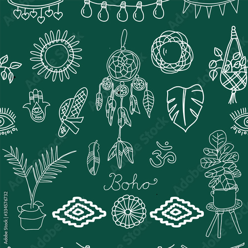 Vector repeating pattern BOHO symbols on emerald green background, white outlines: dreamcatcher, hamsa hand, flowers in pot, macrame, monastera, om, hanging bulbs.. photo