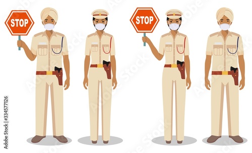 Police and quarantine concept. Couple of indian policeman and policewoman in traditional uniforms and protective masks standing together on white background in flat style. Vector illustration.
