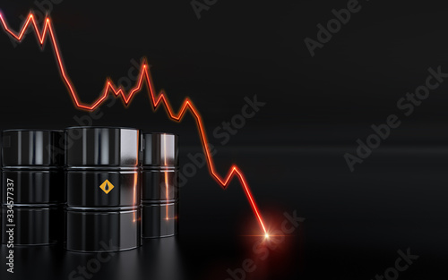Oil price collapse. Coronavirus covid-19 impact on oil market: Brent crude, Urals, US West Texas WTI, Dubai, Arab light. Saudi Arabia vs Russia oil price war. 3D background: barrels, price chart crash