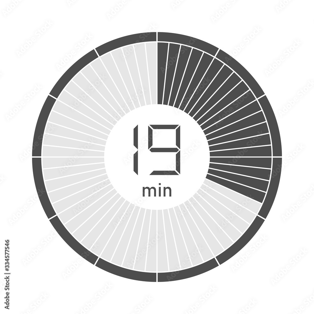 The 19 minutes stopwatch icon, digital timer. Vector illustration. The 19 minutes stopwatch icon, digital timer. Vector illustration.