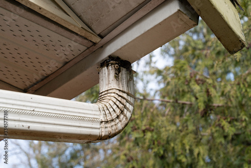 Dirty house exterior clogged gutter and downspout