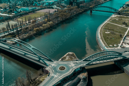 View of Frankfurt am Main from above when the sun sets. Frankfurt am Main a beautiful city for tourism, business and relaxation.