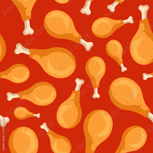 Fried crispy chicken legs seamless pattern on red background. Cartoon fast food drumsticks cooking texture flat vector illustration