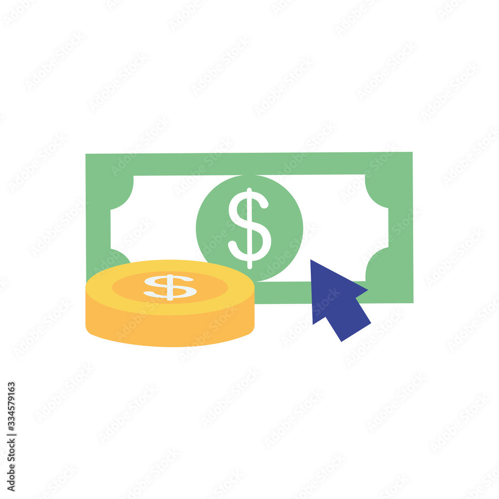 money coin and bill with cursor icon, flat style money coin and bill with cursor icon, flat style