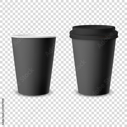Vector 3d Realistic Black Disposable Opened and Closed Paper or Plastic Coffee Cup for Drinks with Black Lid Icon Set Closeup Isolated. Design Template, Mockup. Front View