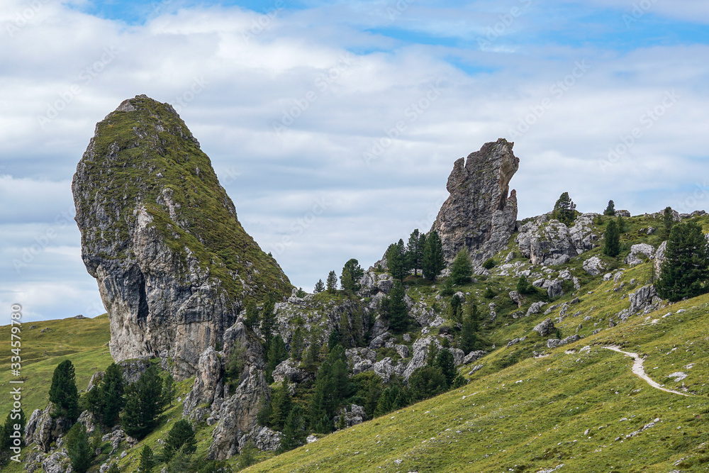 Beautiful view of the distinctive Pieralongia rocks in Puez Odles Naturepark in South Tyrol / Gardena Valley / Italy