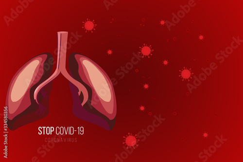 Coronavirus signature on red background. Danger of deathly virus Covid-19. Virus cells flying. Spread of Covid-19 around the world. Pandemic disease situation worldwide