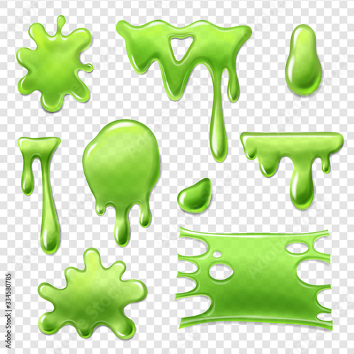 Green slime vector set. Blots, splashes and drips of green liquid. Realistic vector illistration