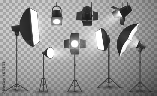 Light equipment of photo studio on transparent background, realistic vector design. 3d spotlights, tripod stands with softbox, stripbox and umbrella, flash lamps and stage barndoors photo