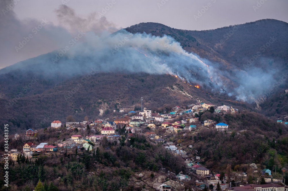 Russia, Tuapse, a fire in the mountain forests above the city