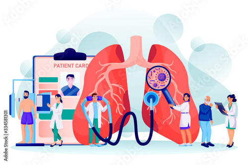 Pulmonology concept. Diseases, diagnosis and treatment of human lungs. Vector doctors characters illustration