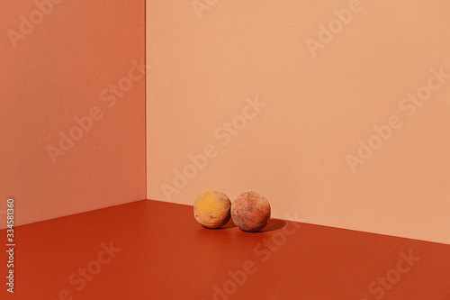 Peaches on Coral Colored Background