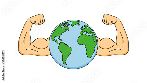 Vector drawing of a world with arms showing biceps Concept of strength and hope. We are all stronger together.